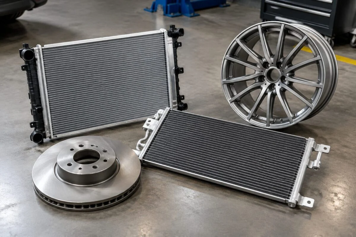 Brake disc, aluminium radiator, AC condenser and alloy wheel arranged on a workshop floor