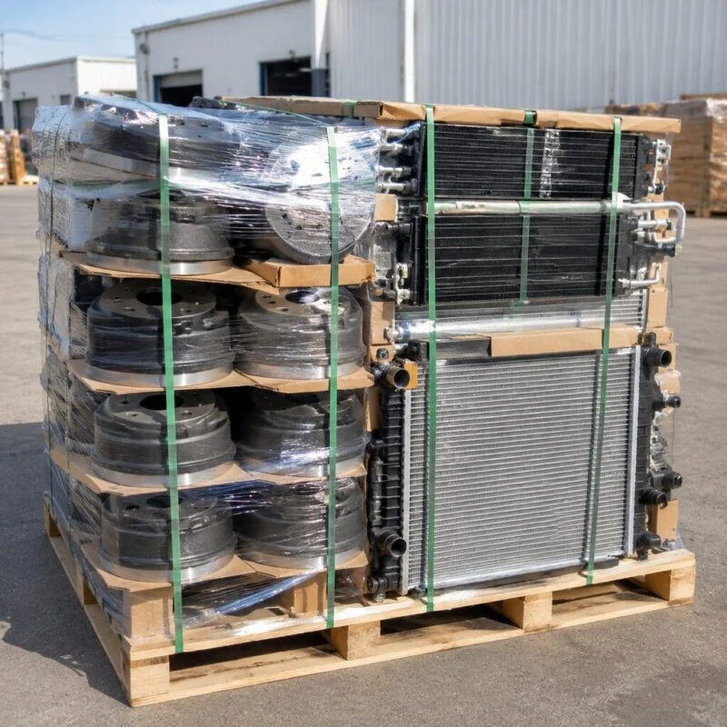 Mixed pallet of brake drums, radiators and condensers packed for export