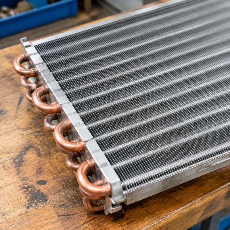 Close-up of aluminium AC condenser fins on a workbench