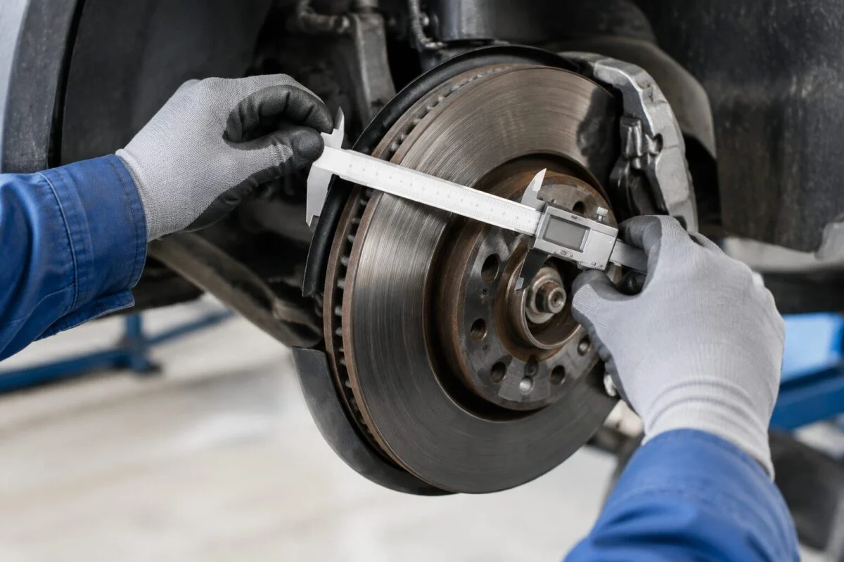 Engineer measuring a brake disc with a caliper gauge