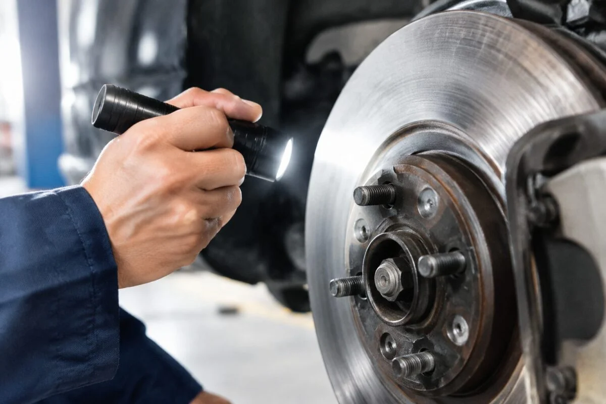 Inspector checking the friction surface of a brake disc under bright light