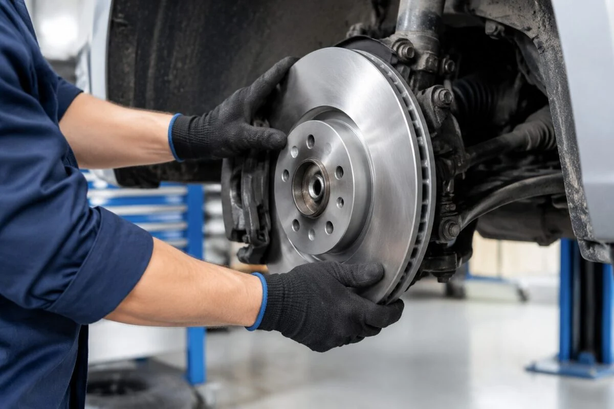 Mechanic fitting a brake disc in a repair workshop