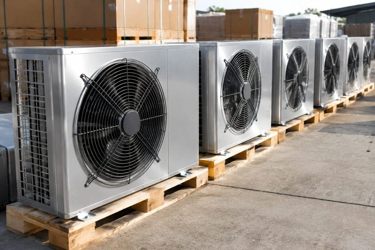 Row of aluminium AC condensers ready for dispatch