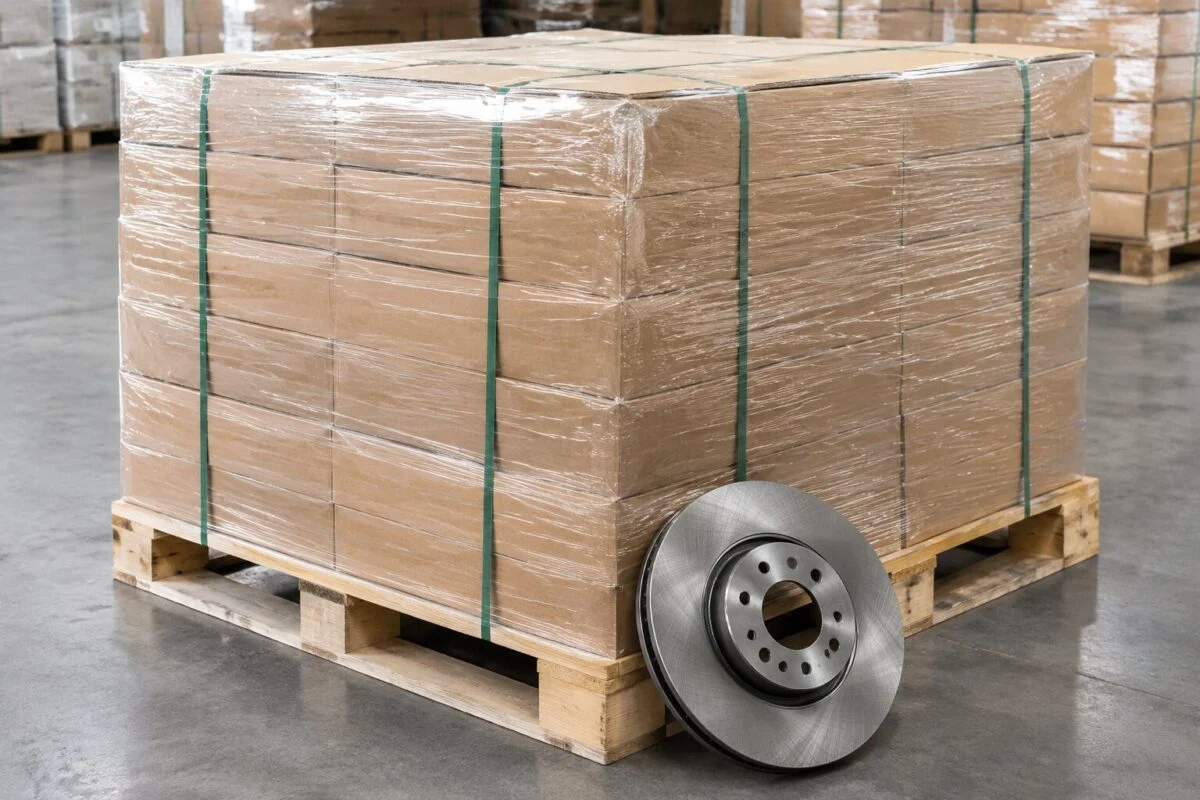 Brake discs packed in cartons on a wooden pallet, wrapped for export