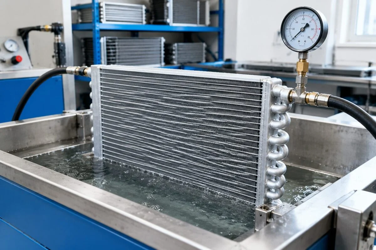 Aluminium tube-and-fin radiator core under pressure testing in a QC area