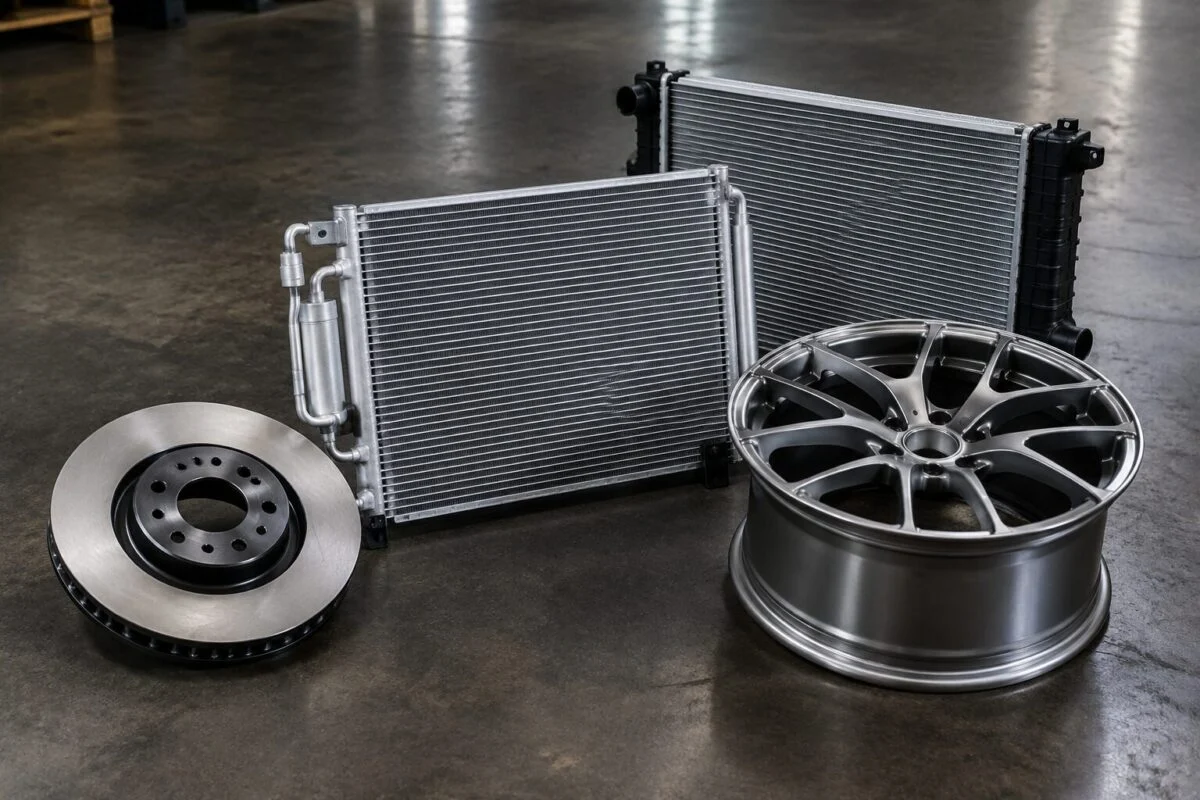 Brake disc, aluminium A/C condenser, radiator core and forged alloy wheel laid side by side on a dark concrete warehouse floor