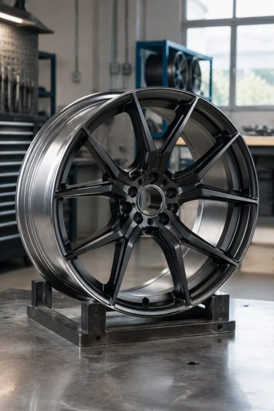 Forged 6061-T6 alloy wheel with a machined black face on a workshop stand