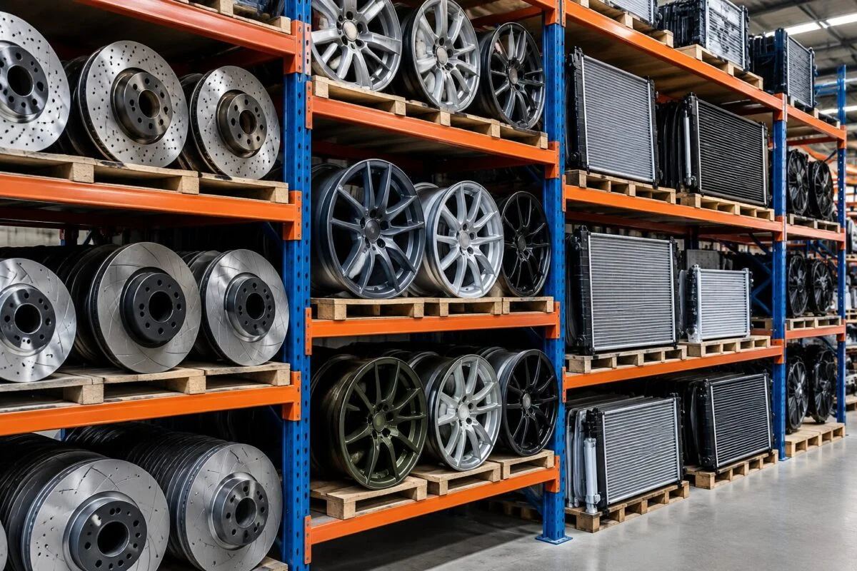 Brake discs, alloy wheels, radiators and condensers arranged on warehouse racks