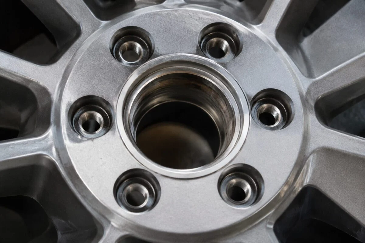 Close-up of a wheel hub bore and bolt circle