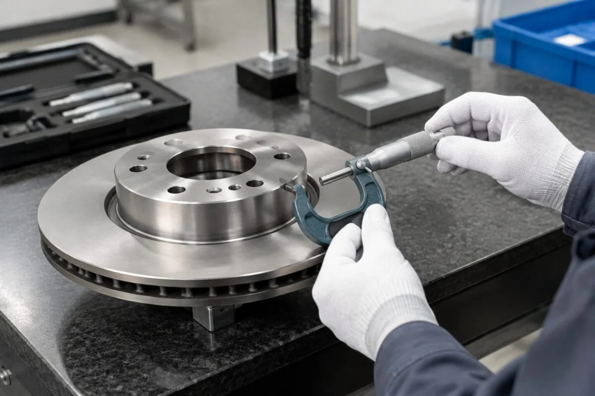 Inspector measuring a brake disc with a micrometer at a quality control bench
