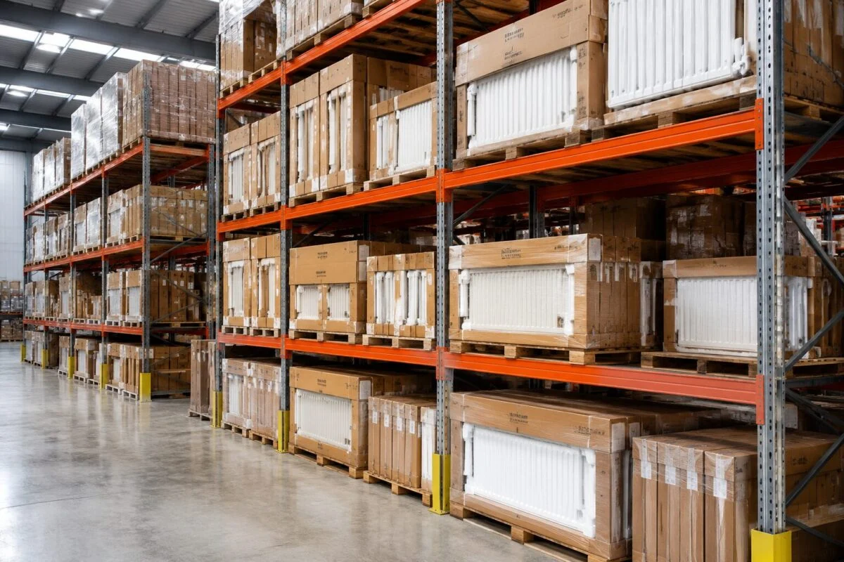 Warehouse racks stacked with boxed radiators